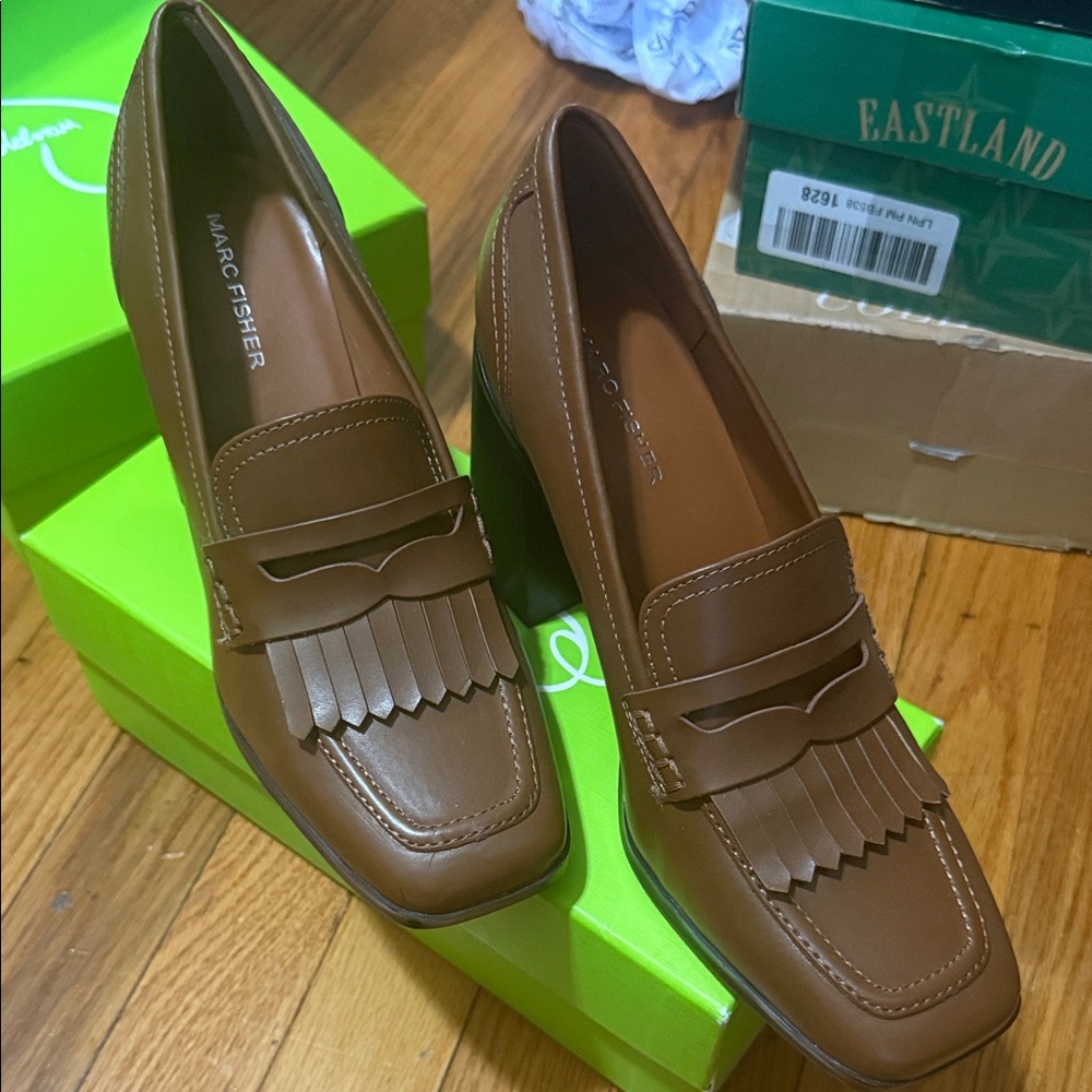 Marc Fisher Tan/Brown Kiltie Block Heel Loafers